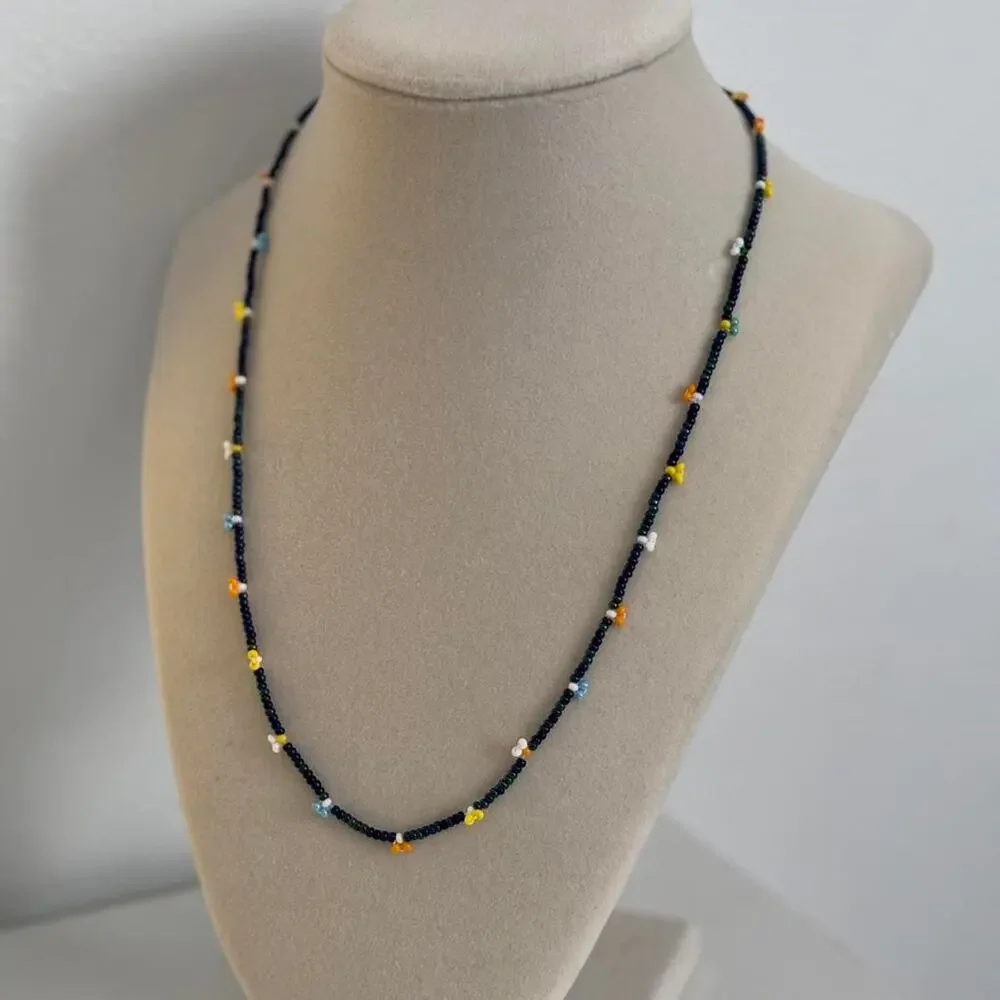 Black Beaded Necklace Yellow White Beads Handmade Unique Artisan Jewelry Gift - Picture 3 of 3